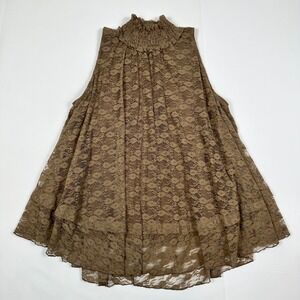 Brown Floral Lace Smocked High Neck Tiered Sleeveless Top romantic boho chic